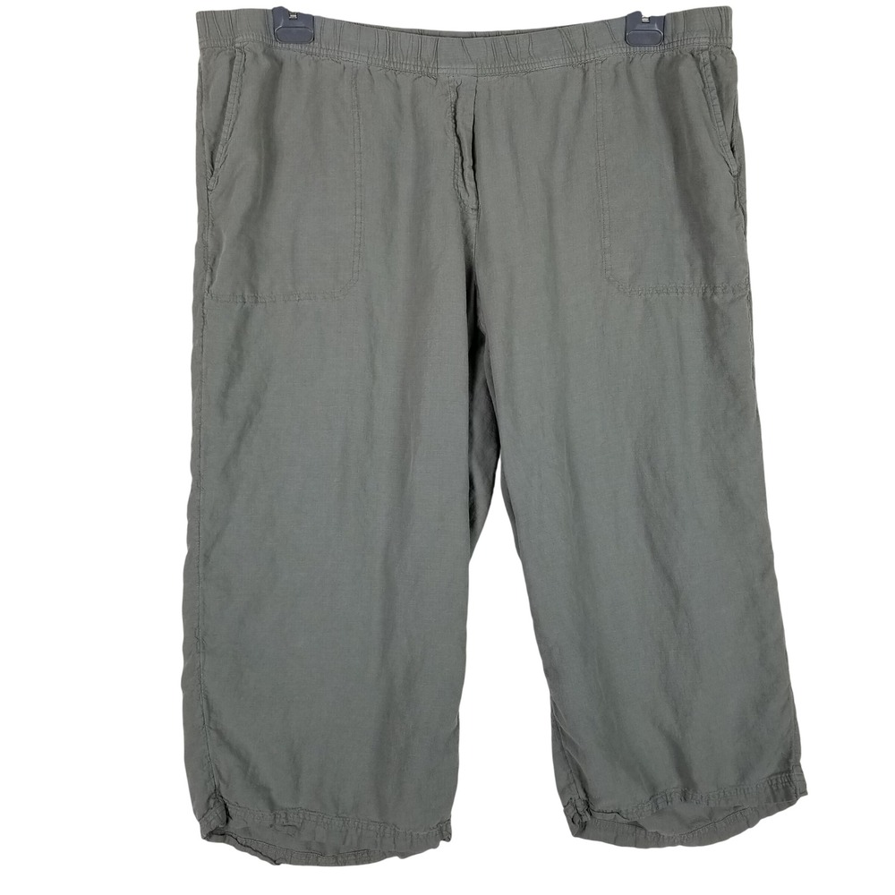 Pure Jill Crop Pants Women 3X Gray Green Linen Tencel Elastic Waist Lagenlook